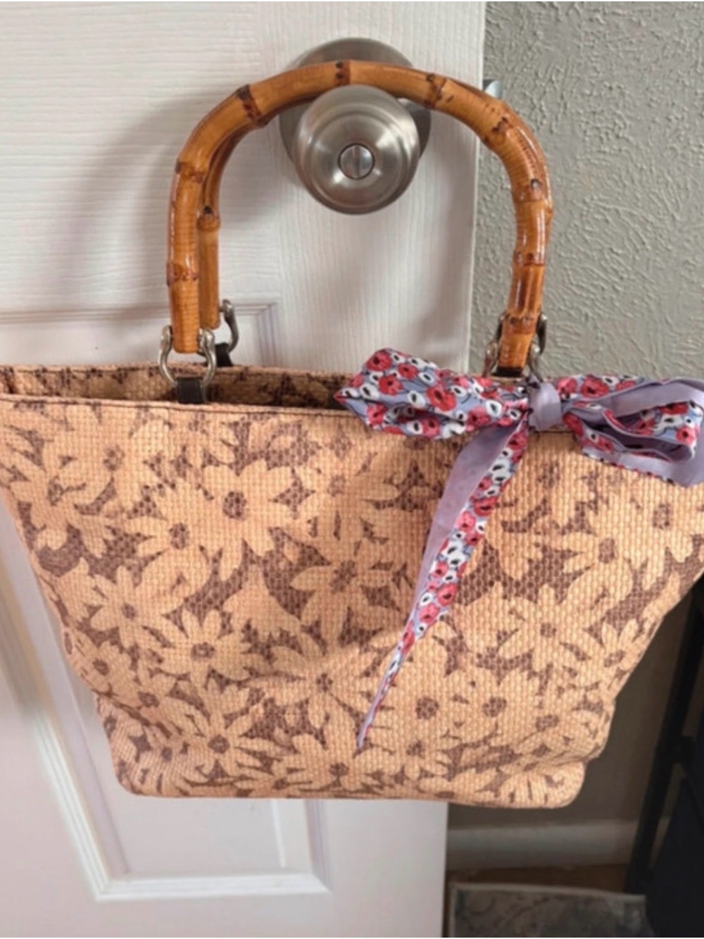 Floral Woven Tote with Bamboo Handles - Tan/Brown